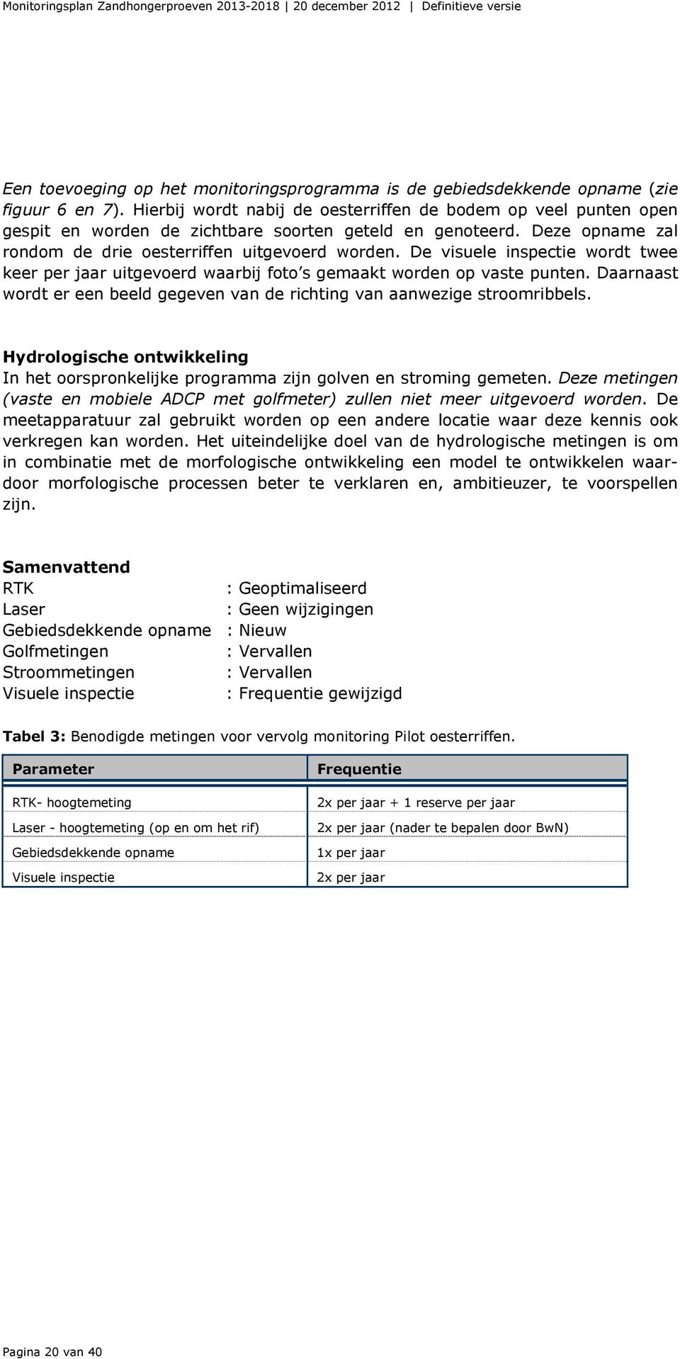 De visuele inspectie wordt twee keer per jaar uitgevoerd waarbij foto s gemaakt worden op vaste punten. Daarnaast wordt er een beeld gegeven van de richting van aanwezige stroomribbels.