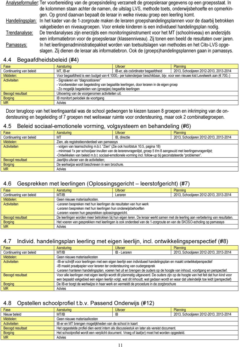 Handelingsplan: In het kader van de 1-zorgroute maken de leraren groepshandelingsplannen voor de daarbij betrokken vakgebieden en niveaugroepen.