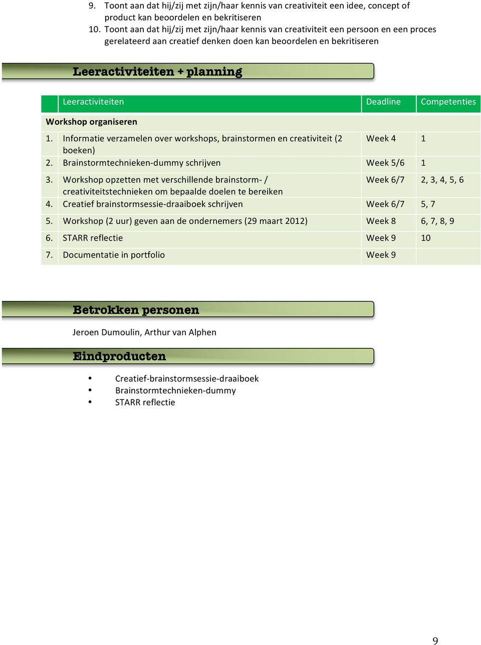 Deadline Competenties Workshop organiseren 1. Informatie verzamelen over workshops, brainstormen en creativiteit (2 Week 4 1 boeken) 2. Brainstormtechnieken- dummy schrijven Week 5/6 1 3.