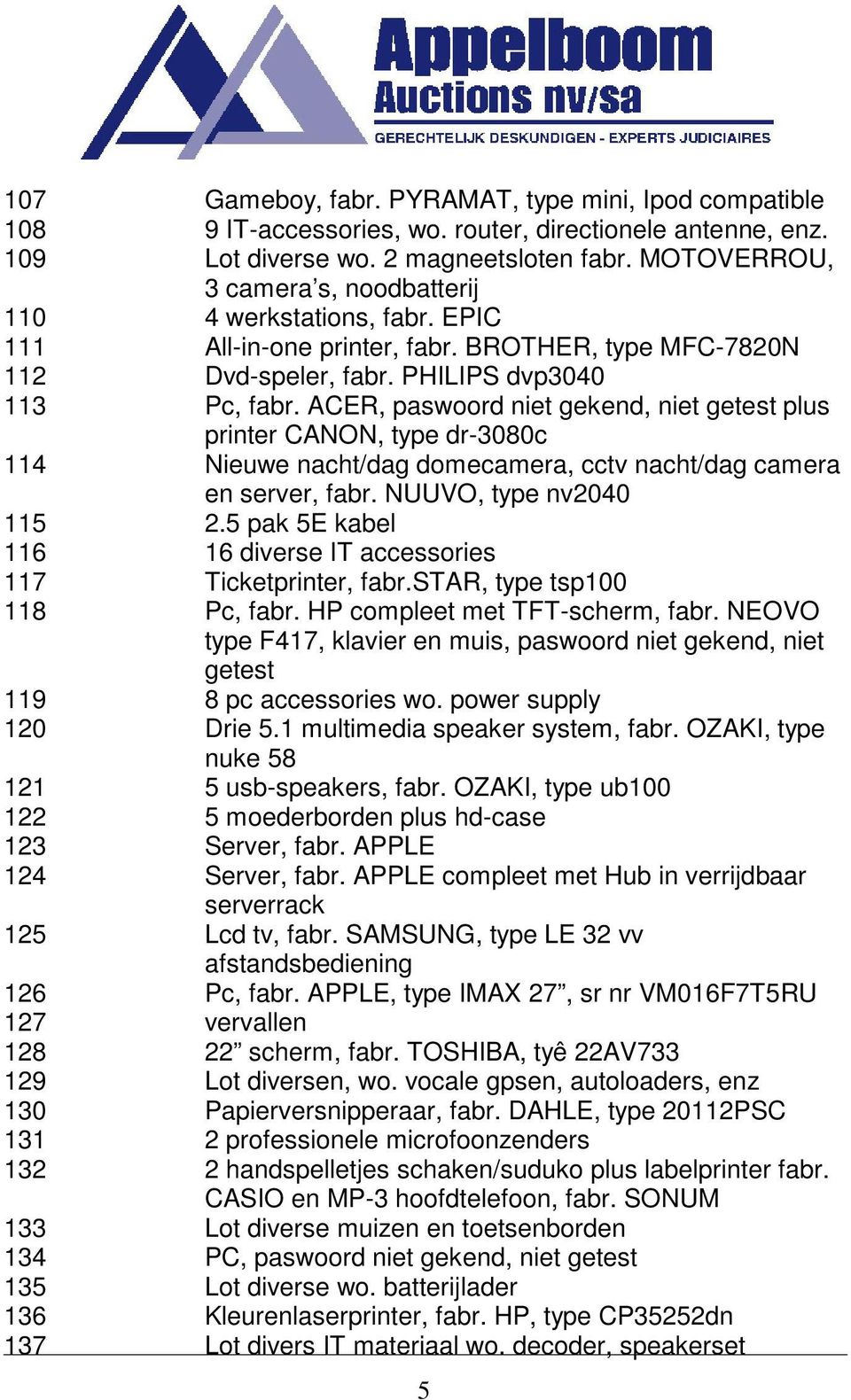 ACER, paswoord niet gekend, niet getest plus printer CANON, type dr-3080c 114 Nieuwe nacht/dag domecamera, cctv nacht/dag camera en server, fabr. NUUVO, type nv2040 115 2.