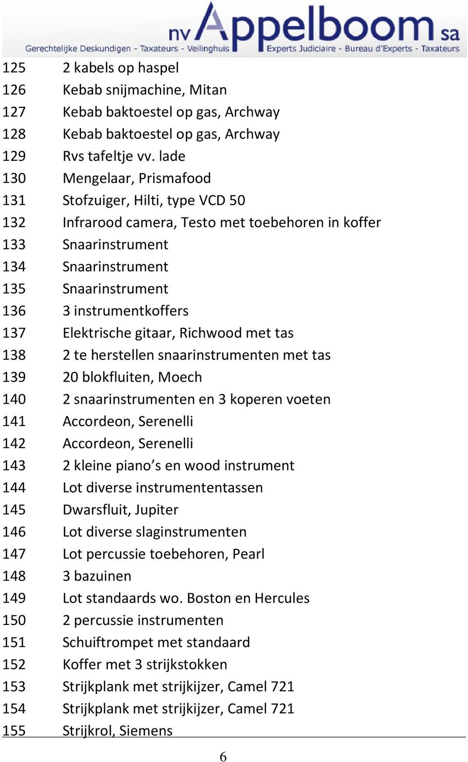 instrumentkoffers 137 Elektrische gitaar, Richwood met tas 138 2 te herstellen snaarinstrumenten met tas 139 20 blokfluiten, Moech 140 2 snaarinstrumenten en 3 koperen voeten 141 Accordeon, Serenelli