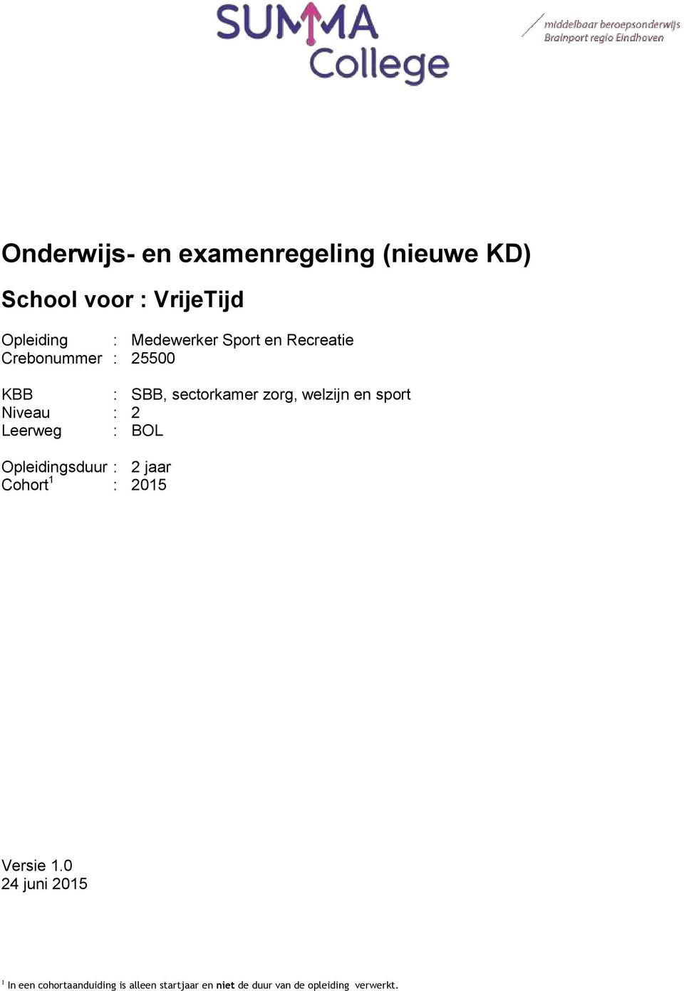 Niveau : 2 Leerweg : BOL Opleidingsduur : 2 jaar Cohort 1 : 2015 Versie 1.