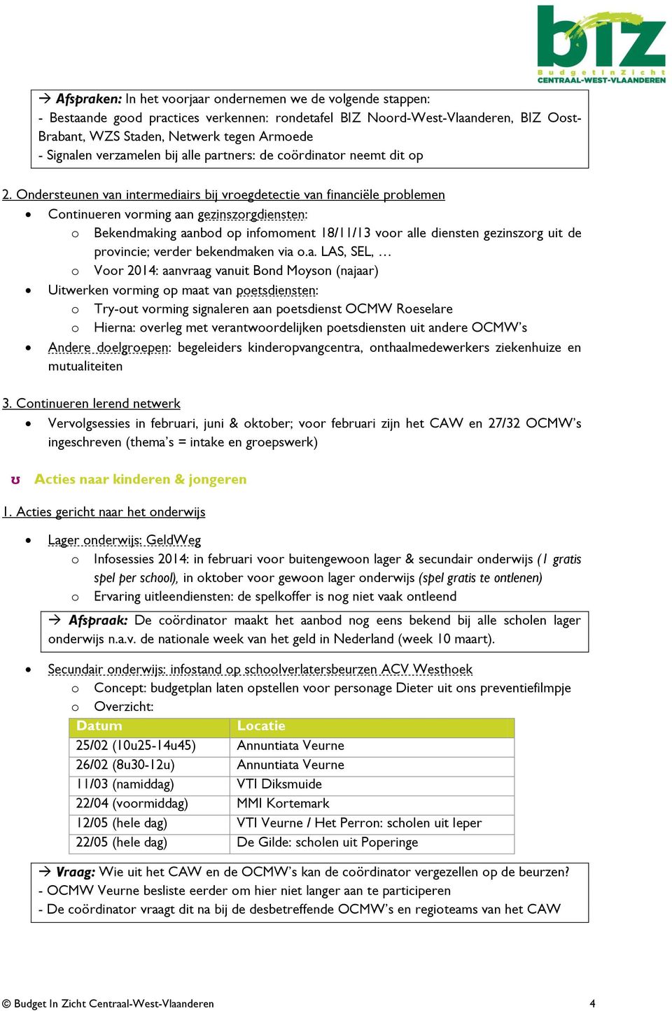 Ondersteunen van intermediairs bij vroegdetectie van financiële problemen Continueren vorming aan gezinszorgdiensten: o Bekendmaking aanbod op infomoment 18/11/13 voor alle diensten gezinszorg uit de