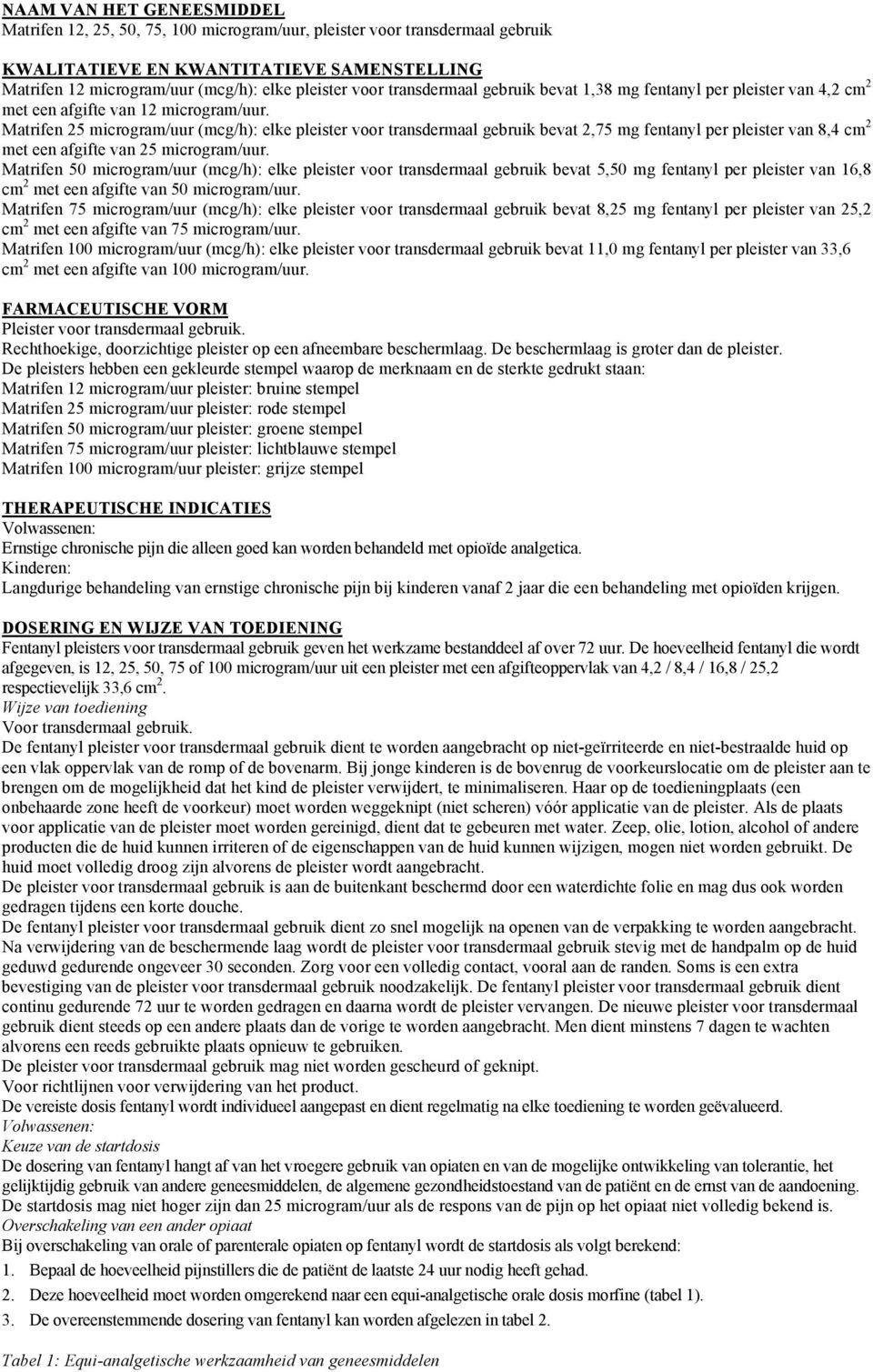 Matrifen 25 microgram/uur (mcg/h): elke pleister voor transdermaal gebruik bevat 2,75 mg fentanyl per pleister van 8,4 cm 2 met een afgifte van 25 microgram/uur.