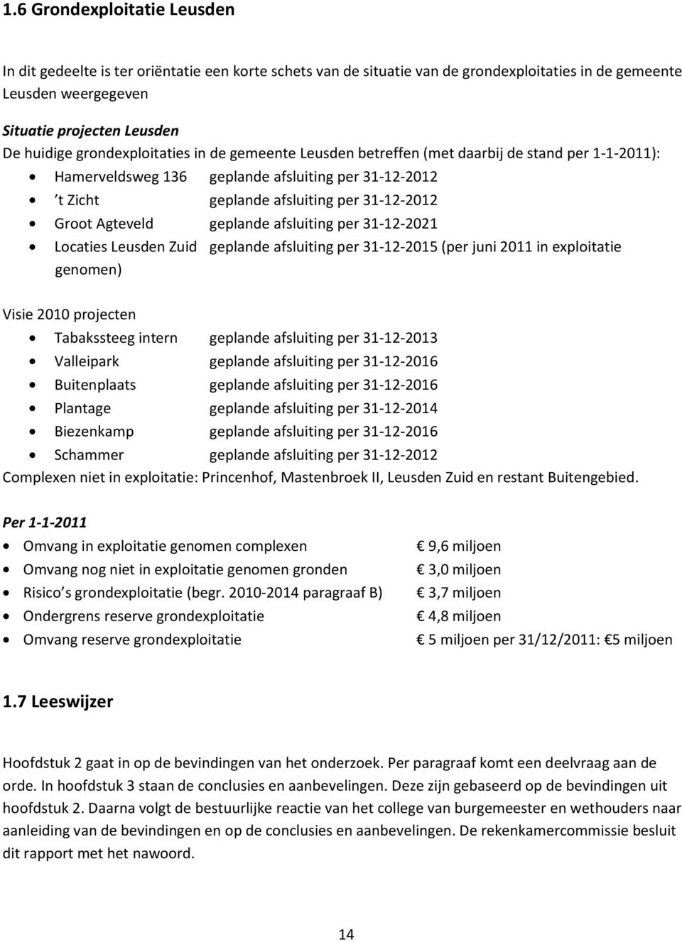 geplande afsluiting per 31-12-2021 Locaties Leusden Zuid geplande afsluiting per 31-12-2015 (per juni 2011 in exploitatie genomen) Visie 2010 projecten Tabakssteeg intern geplande afsluiting per