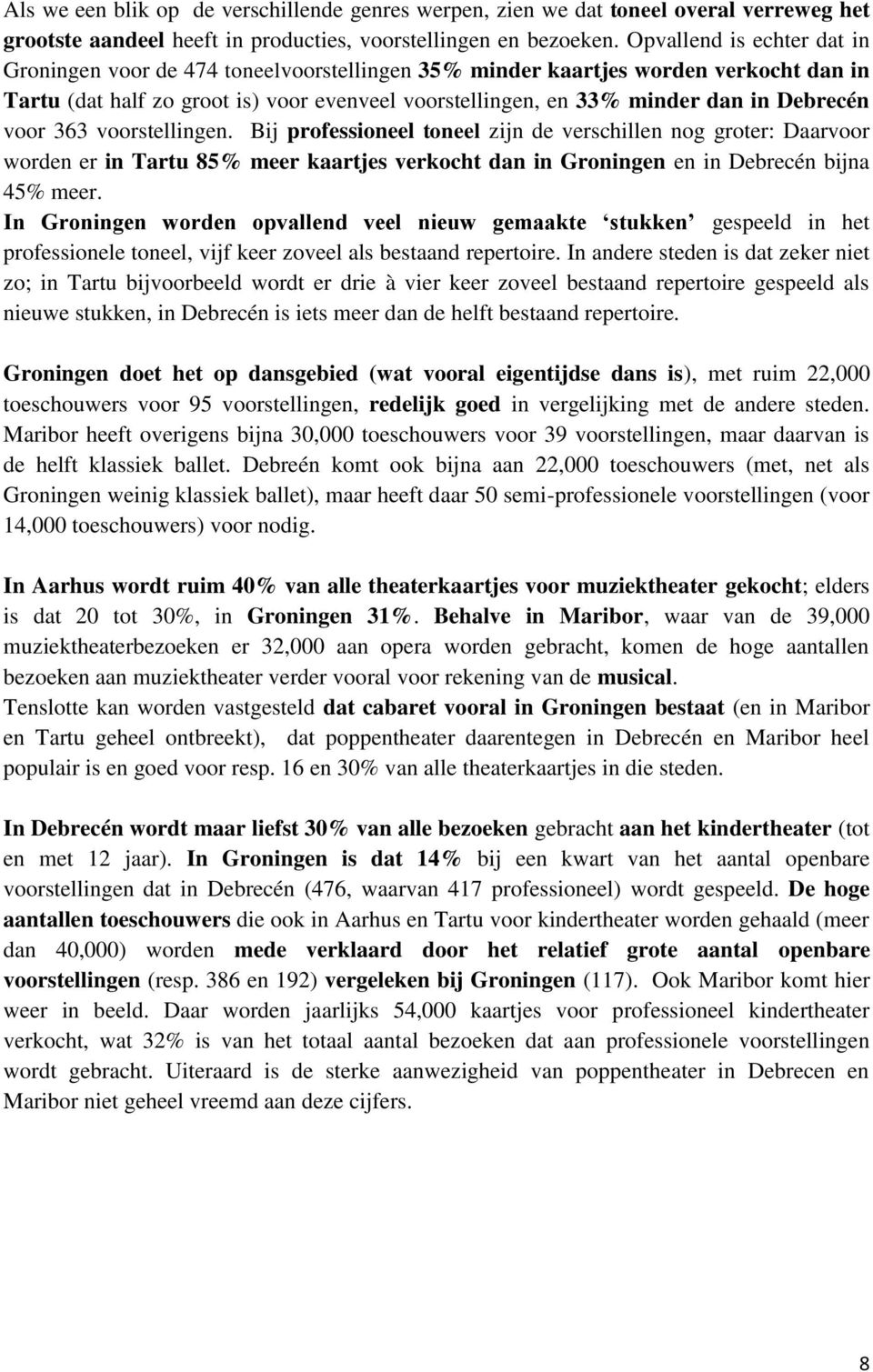 Debrecén voor 363 voorstellingen. Bij professioneel toneel zijn de verschillen nog groter: Daarvoor worden er in Tartu 85% meer kaartjes verkocht dan in Groningen en in Debrecén bijna 45% meer.