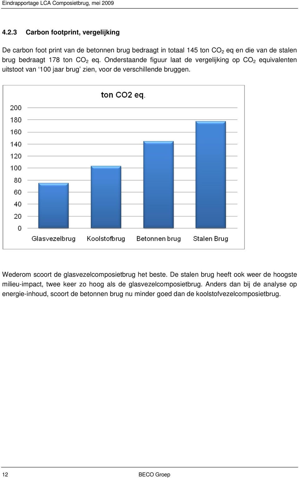 Onderstaande figuur laat de vergelijking op CO 2 equivalenten uitstoot van 100 jaar brug zien, voor de verschillende bruggen.