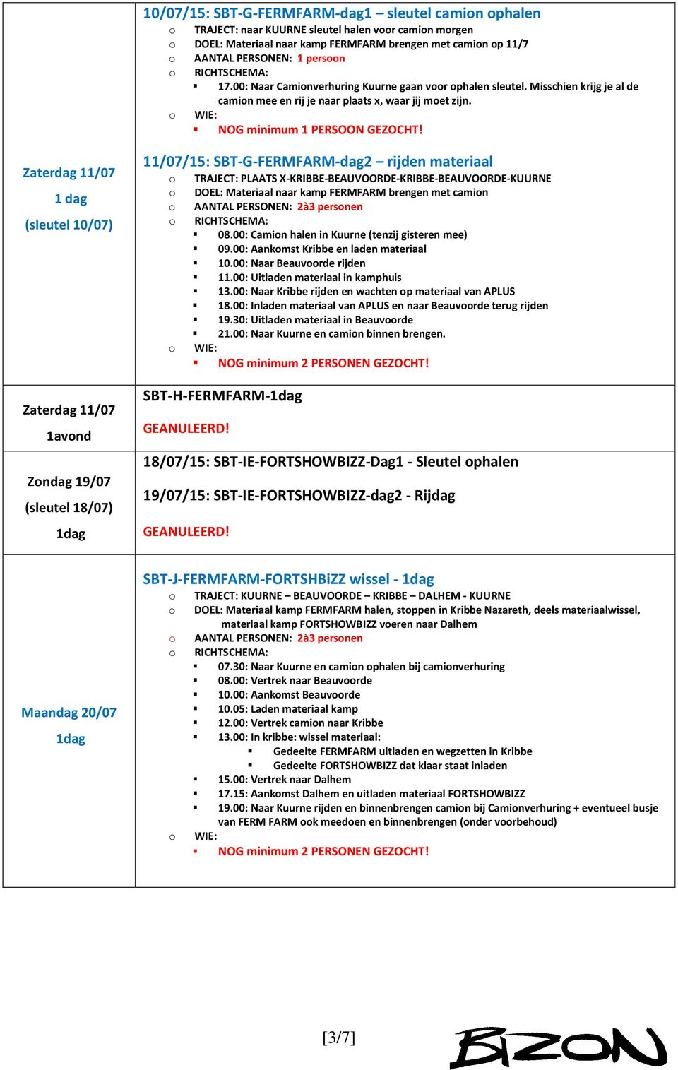 Zaterdag 11/07 (sleutel 10/07) Zaterdag 11/07 1avnd Zndag 19/07 (sleutel 18/07) 11/07/15: SBT-G-FERMFARM-dag2 rijden materiaal TRAJECT: PLAATS X-KRIBBE-BEAUVOORDE-KRIBBE-BEAUVOORDE-KUURNE DOEL: