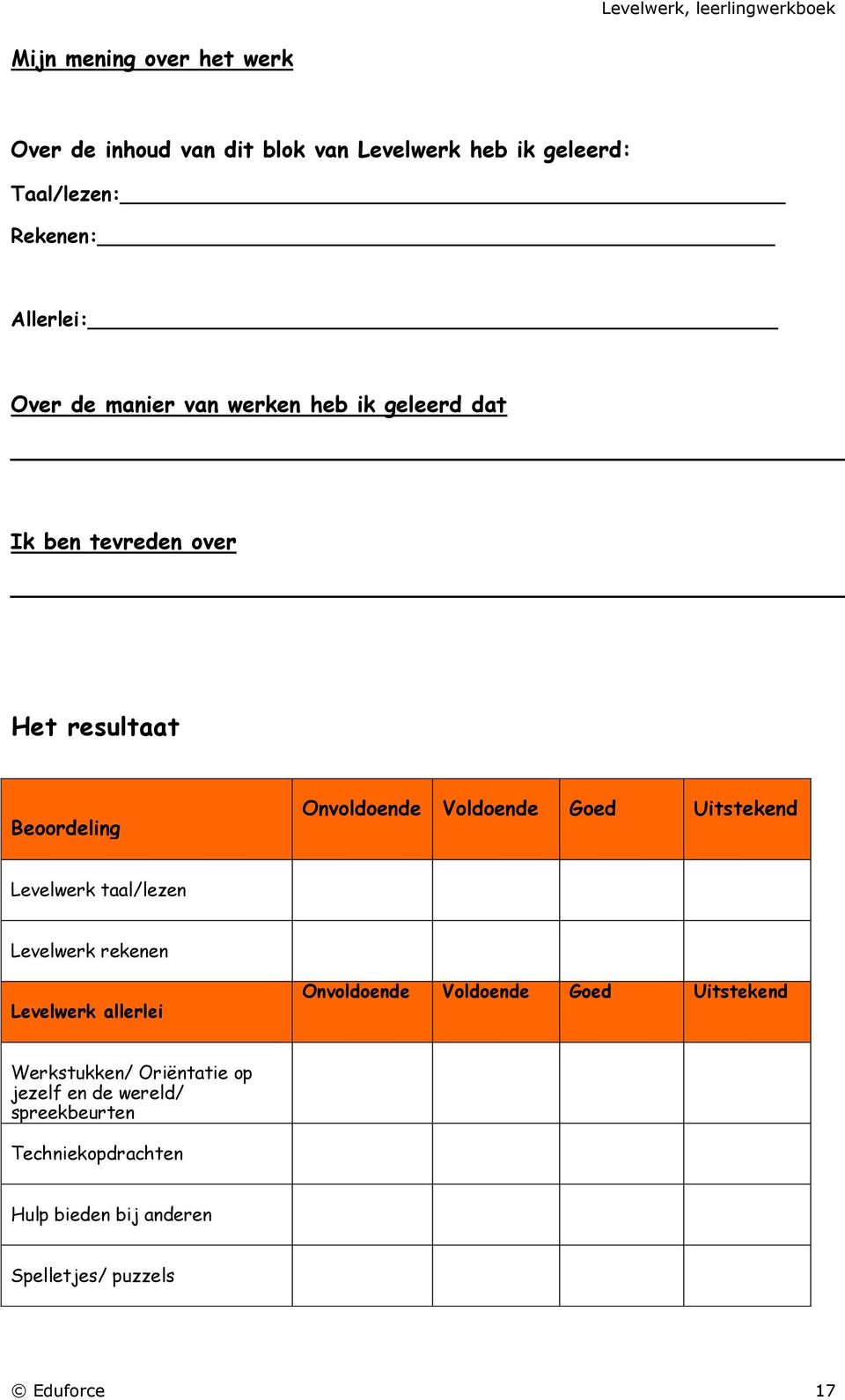 Levelwerk taal/lezen Levelwerk rekenen Levelwerk allerlei Onvoldoende Voldoende Goed Uitstekend Werkstukken/