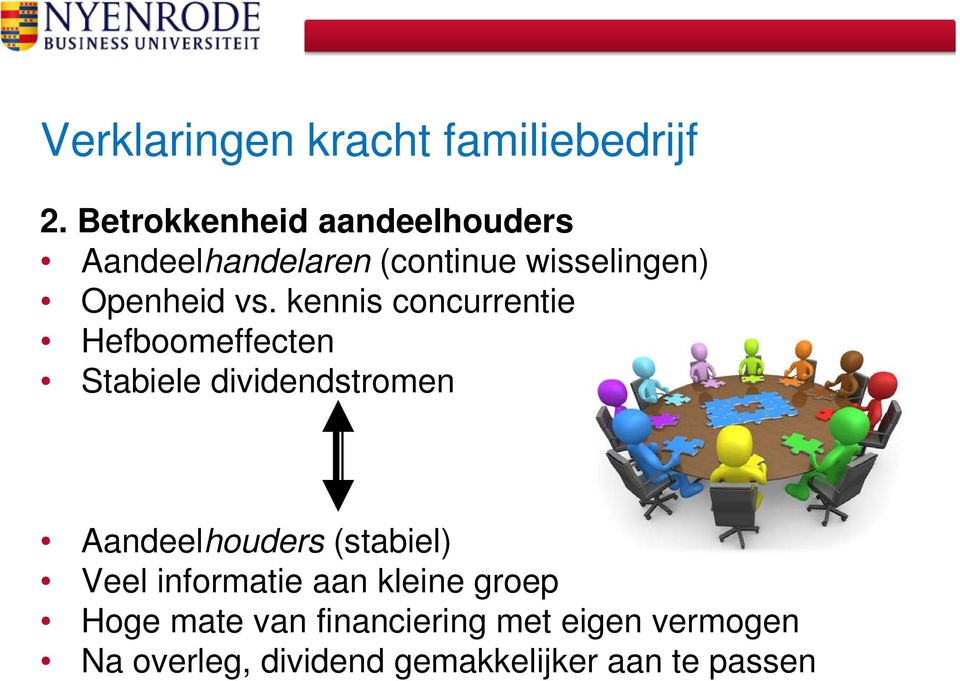 kennis concurrentie Hefboomeffecten Stabiele dividendstromen Aandeelhouders