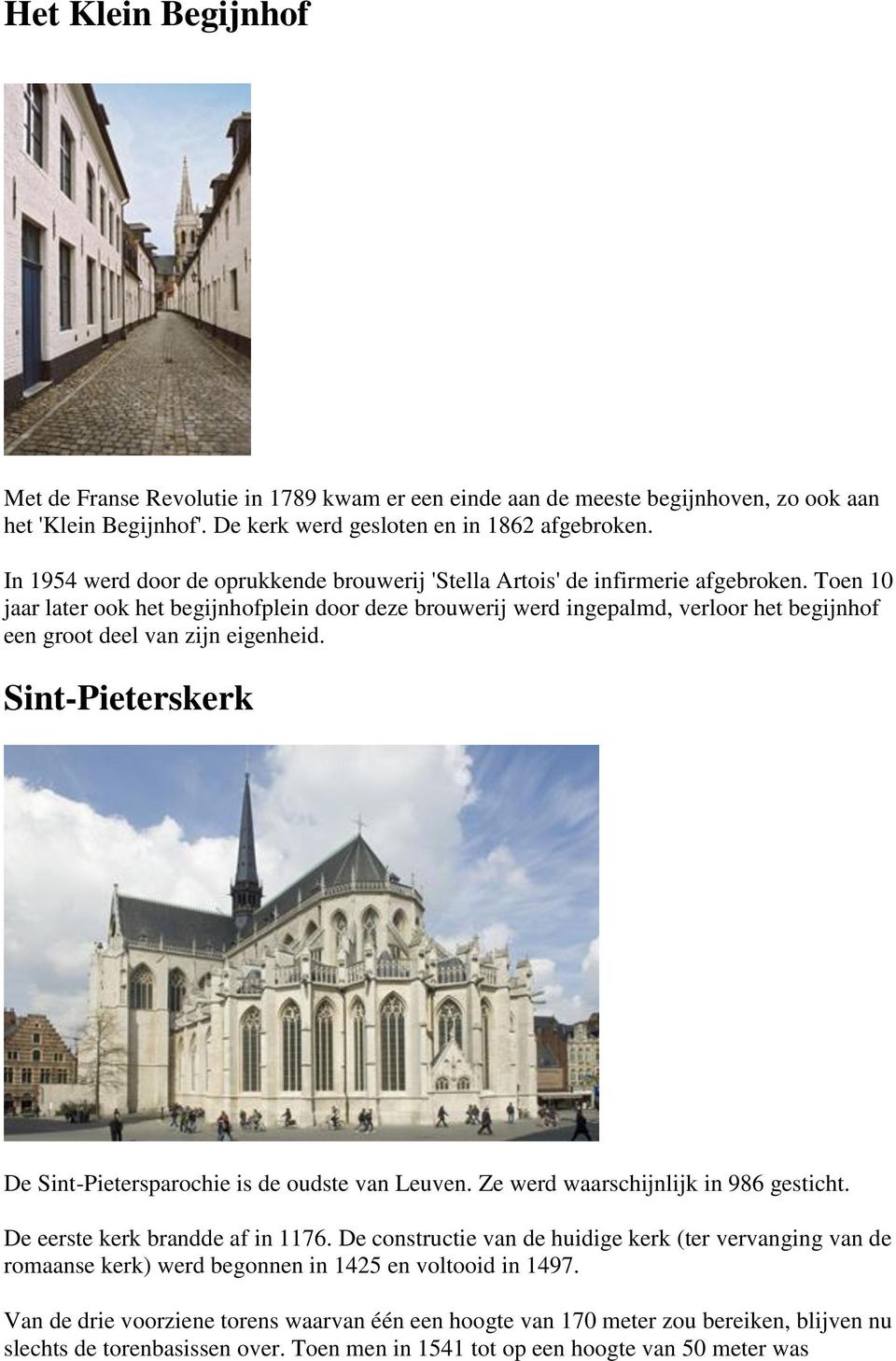 Toen 10 jaar later ook het begijnhofplein door deze brouwerij werd ingepalmd, verloor het begijnhof een groot deel van zijn eigenheid. Sint-Pieterskerk De Sint-Pietersparochie is de oudste van Leuven.