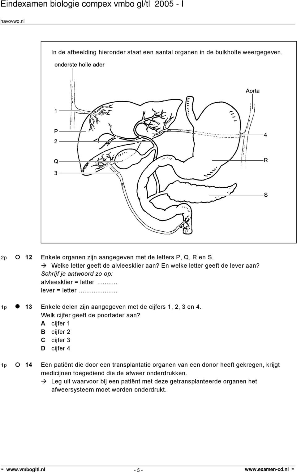 .. 1p 13 Enkele delen zijn aangegeven met de cijfers 1, 2, 3 en 4. Welk cijfer geeft de poortader aan?