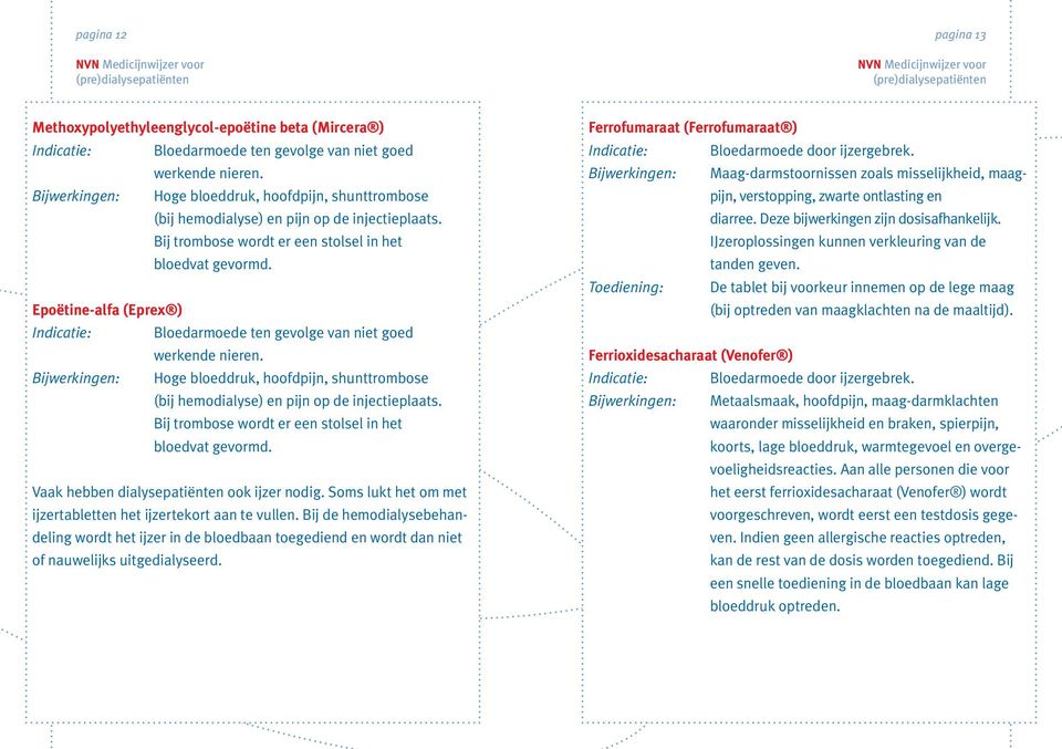 Epoëtine-alfa (Eprex ) Indicatie: Bloedarmoede ten gevolge van niet goed werkende nieren.  Vaak hebben dialysepatiënten ook ijzer nodig.