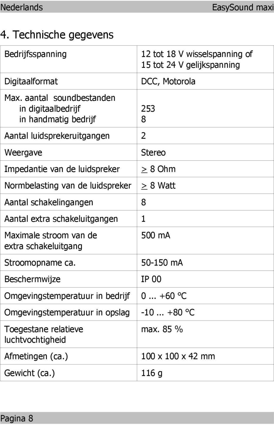 luidspreker > 8 Watt Aatal schakeligage 8 Aatal extra schakeluitgage 1 Maximale stroom va de extra schakeluitgag 500 ma Stroomopame ca.