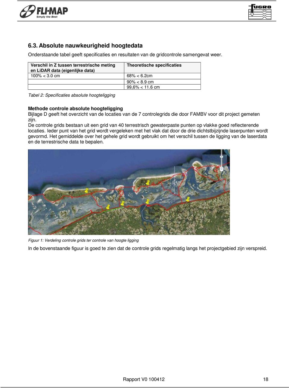 6 cm Tabel 2: Specificaties absolute hoogteligging Methode controle absolute hoogteligging Bijlage D geeft het overzicht van de locaties van de 7 controlegrids die door FAMBV voor dit project gemeten