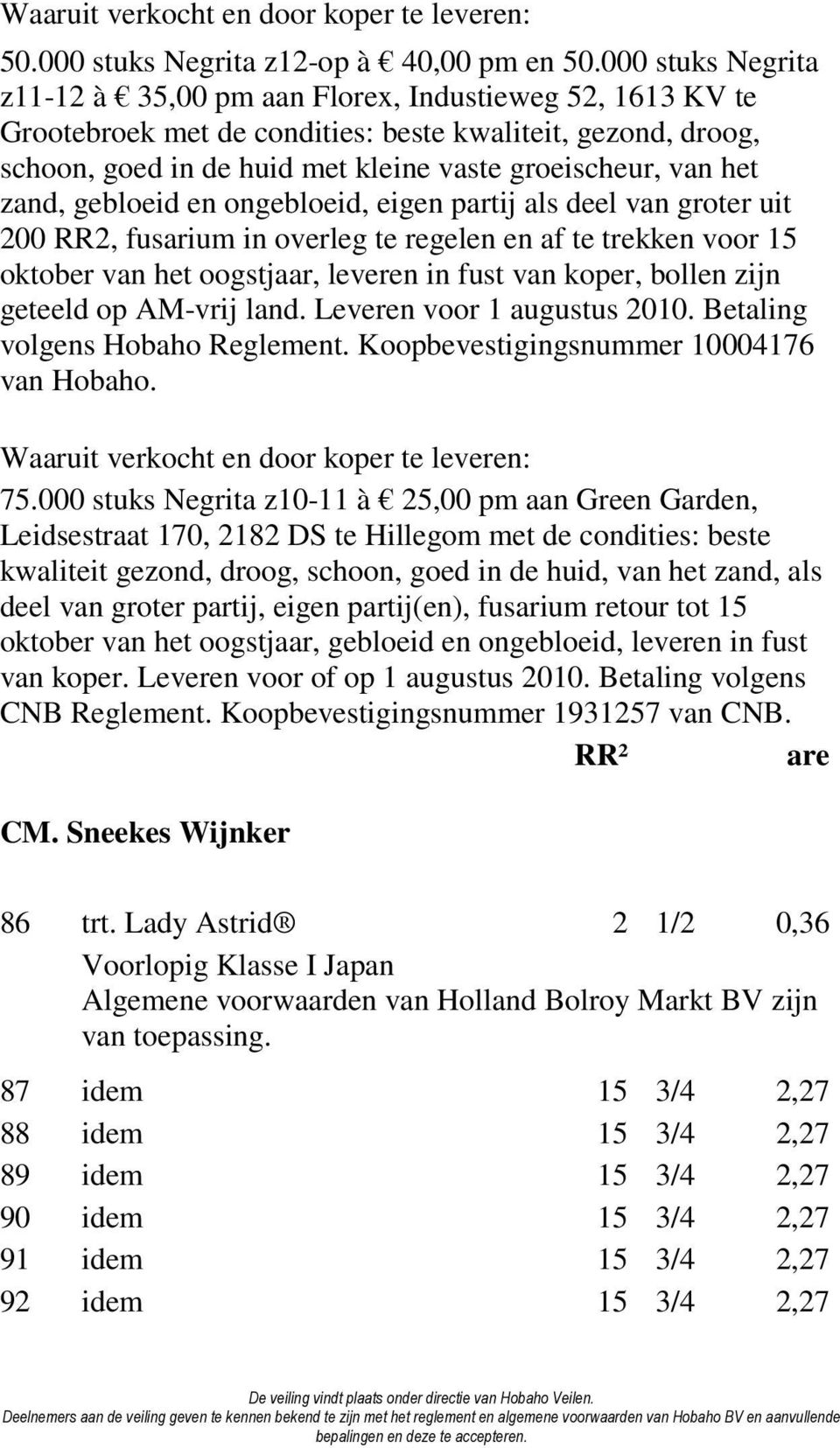 zand, gebloeid en ongebloeid, eigen partij als deel van groter uit 200 RR2, fusarium in overleg te regelen en af te trekken voor 15 oktober van het oogstjaar, leveren in fust van koper, bollen zijn