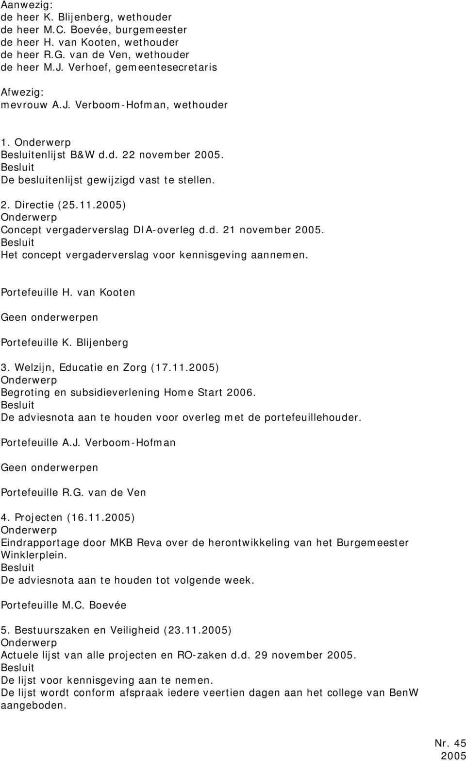 2005) Concept vergaderverslag DIA-overleg d.d. 21 november 2005. Het concept vergaderverslag voor kennisgeving aannemen. Portefeuille H. van Kooten Geen onderwerpen Portefeuille K. Blijenberg 3.