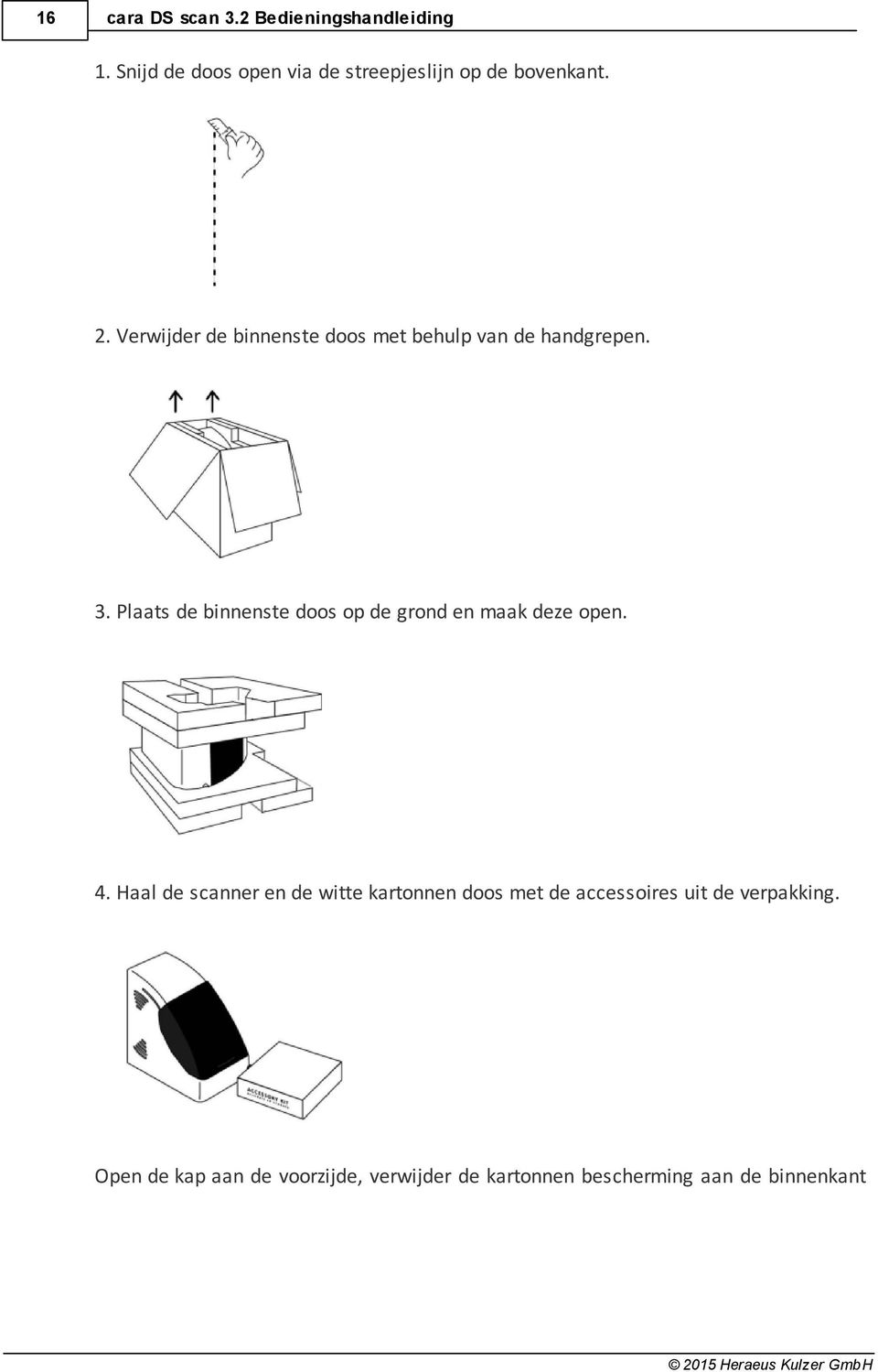 Verwijder de binnenste doos met behulp van de handgrepen. 3.