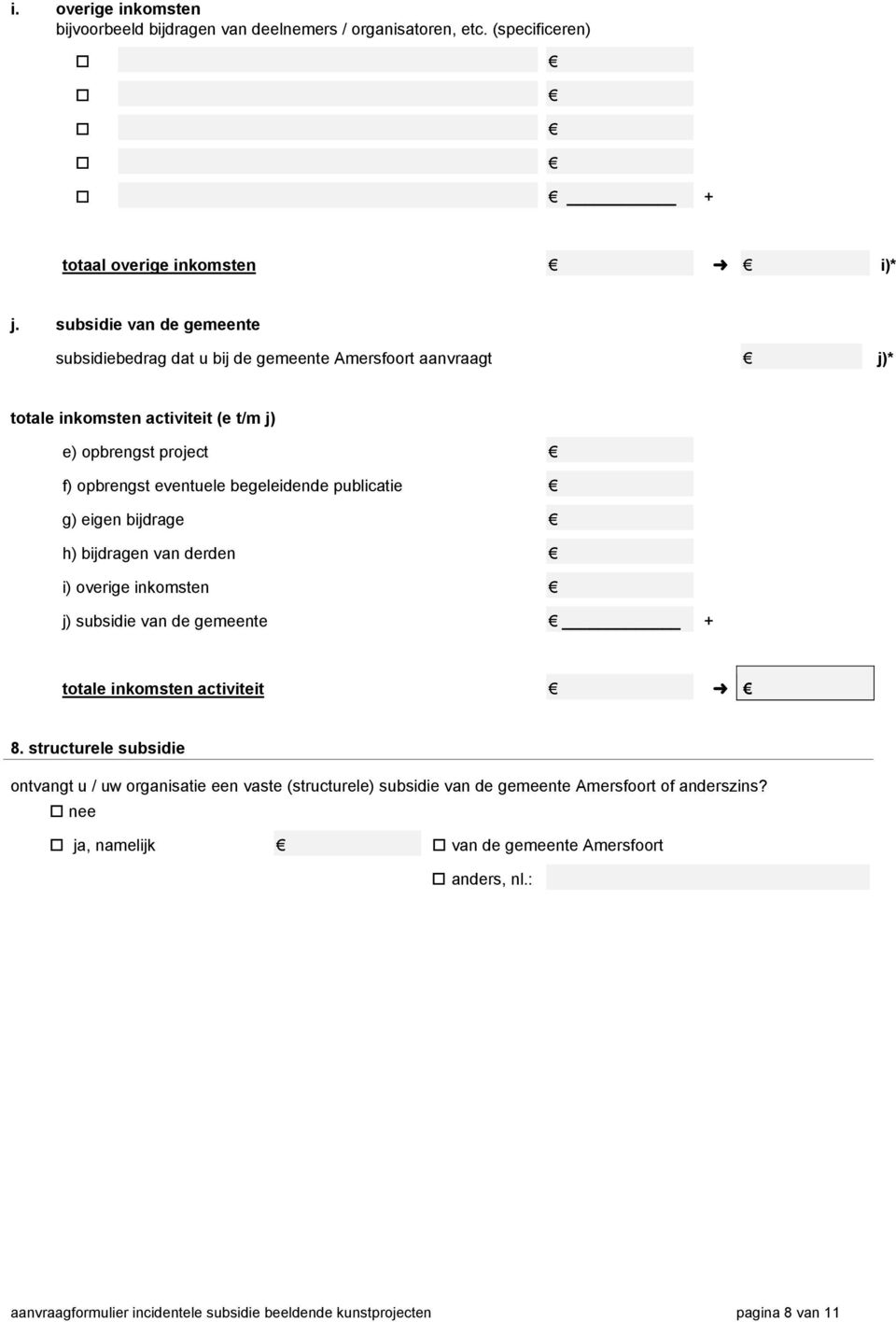 begeleidende publicatie g) eigen bijdrage h) bijdragen van derden i) overige inkomsten j) subsidie van de gemeente + totale inkomsten activiteit 8.