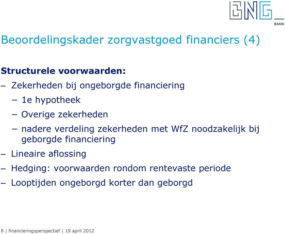 WfZ noodzakelijk bij geborgde financiering Lineaire aflossing Hedging: voorwaarden rondom