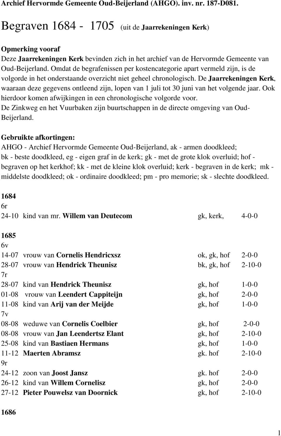 Omdat de begrafenissen per kostencategorie apart vermeld zijn, is de volgorde in het onderstaande overzicht niet geheel chronologisch.