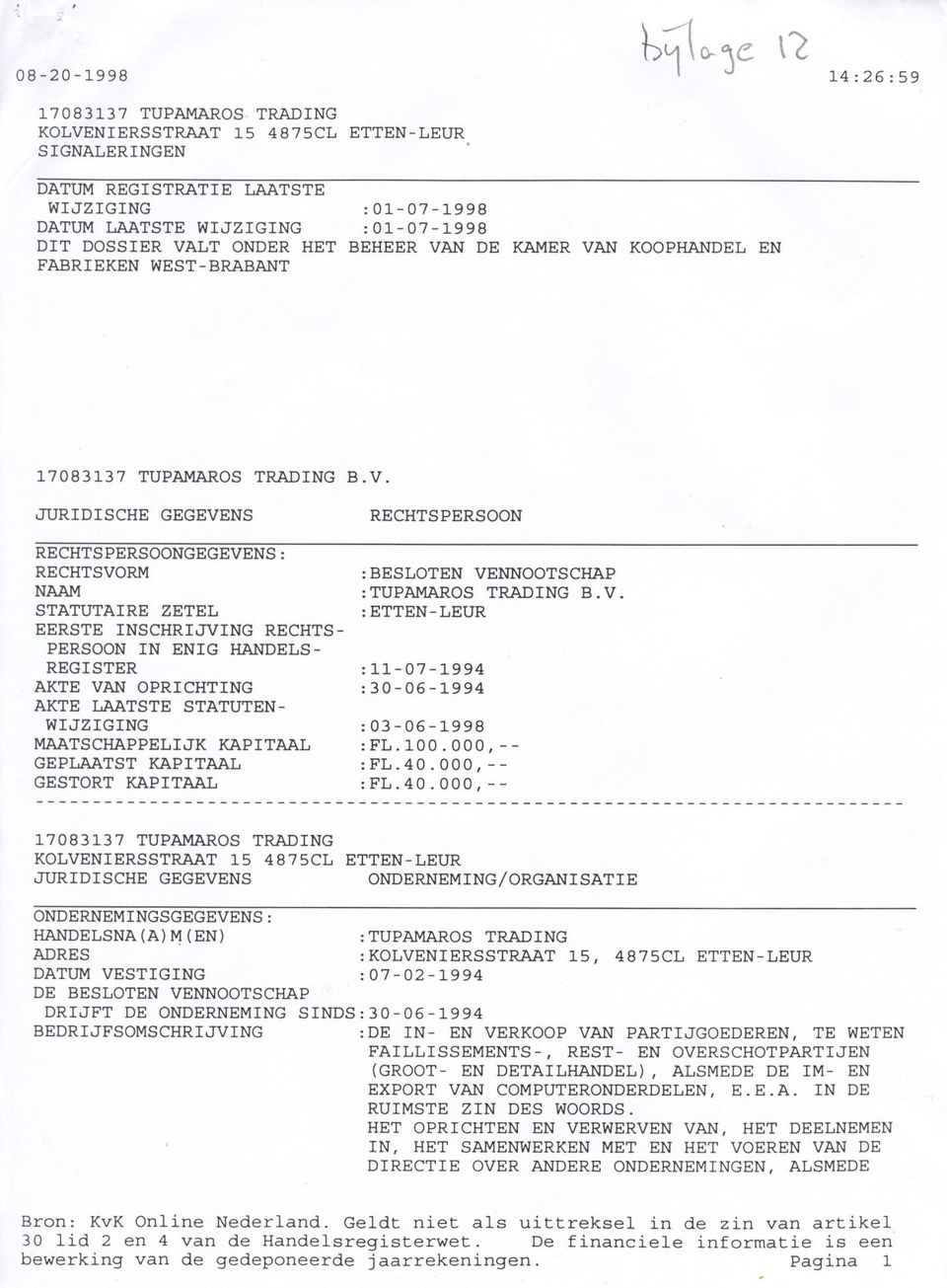 LAATSTE STATUTEN- WIJZIGING MAATSCHAPPELIJK KAPITAAL GEPLAATST KAPITAAL GESTORT KAPITAAL :BESLOTEN VENNOOTSCHAP :TUPAMAROS TRADING B.V. :ETTEN-LEUR :11-07-1994 :30-06-1994 :03-06-1998 :FL.100.