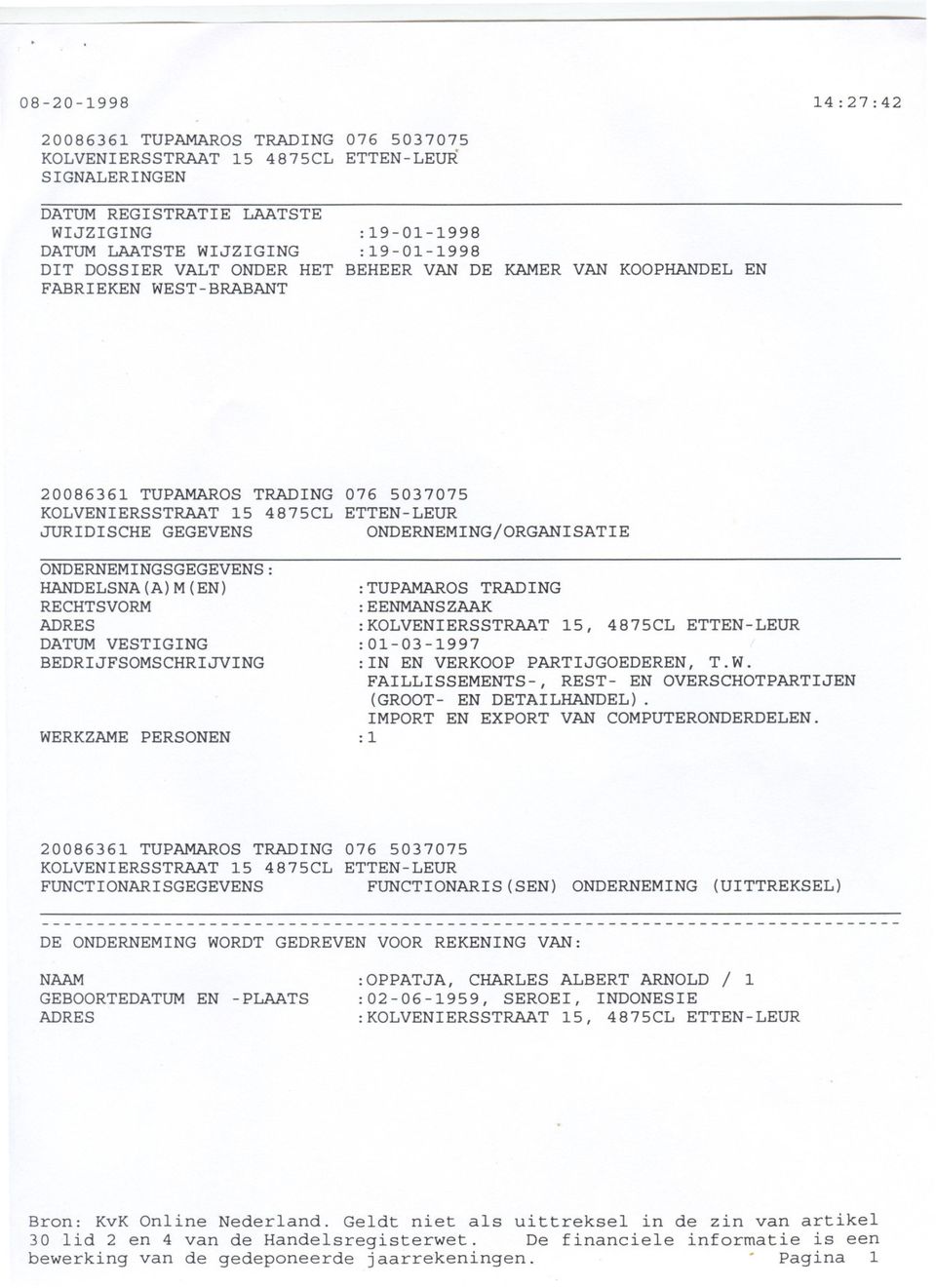 BEDRIJFSOMSCHRIJVING WERKZAME PERSONEN :TUPAMAROS TRADING :EENMANSZAAK :KOLVENIERSSTRAAT 15, 4875CL ETTEN-LEUR :01-03-1997 :IN EN VERKOOP PARTIJGOEDEREN, T.W. FAILLISSEMENTS-, REST- EN OVERSCHOTPARTIJEN (GROOT- EN DETAILHANDEL).