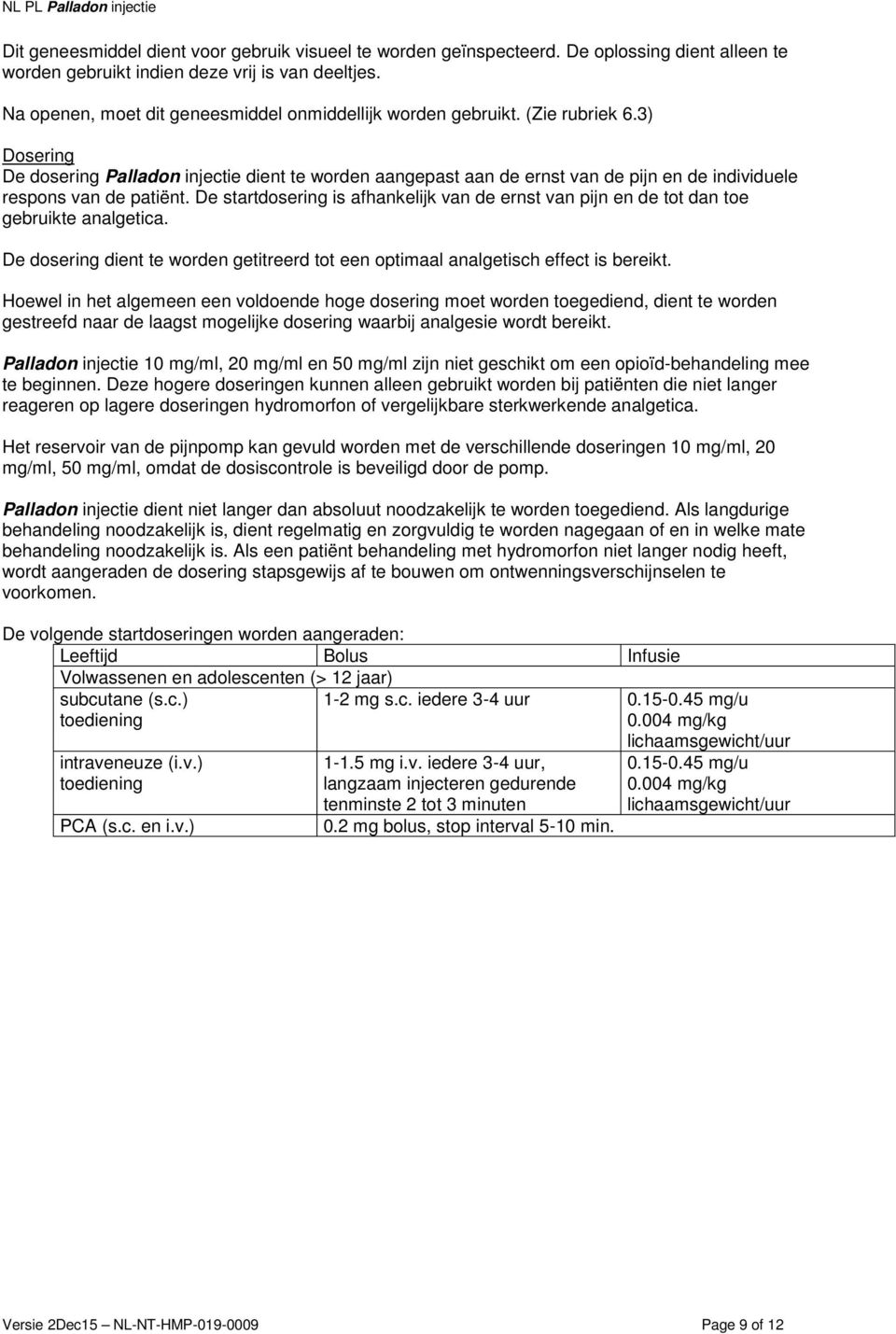 3) Dosering De dosering Palladon injectie dient te worden aangepast aan de ernst van de pijn en de individuele respons van de patiënt.