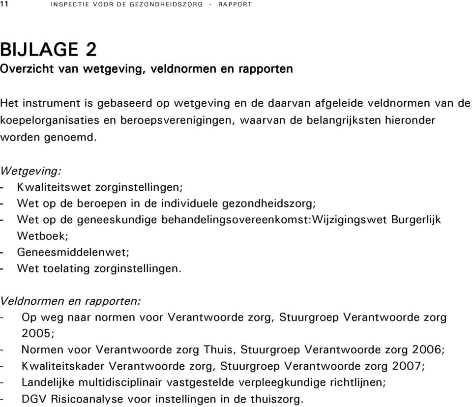 Wetgeving: - Kwaliteitswet zorginstellingen; - Wet op de beroepen in de individuele gezondheidszorg; - Wet op de geneeskundige behandelingsovereenkomst:wijzigingswet Burgerlijk Wetboek; -