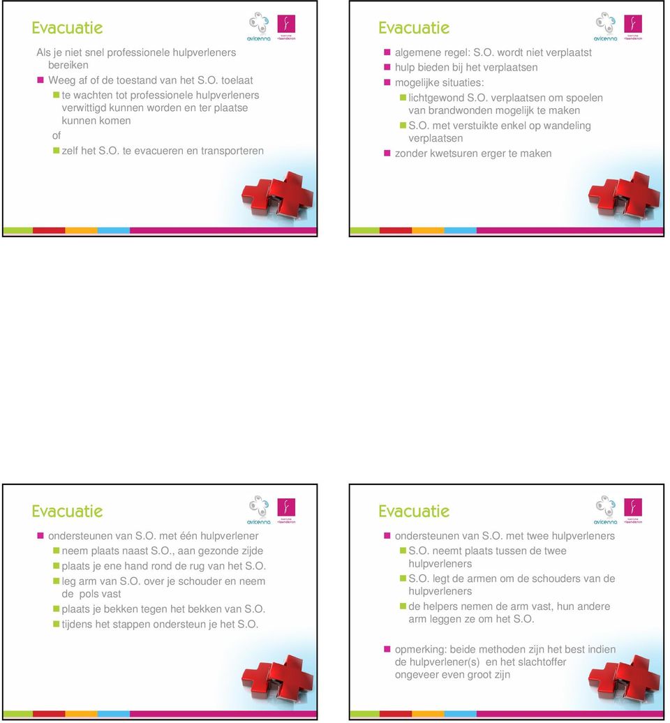 te evacueren en transporteren Evacuatie algemene regel: S.O. wordt niet verplaatst hulp bieden bij het verplaatsen mogelijke situaties: lichtgewond S.O. verplaatsen om spoelen van brandwonden mogelijk te maken S.