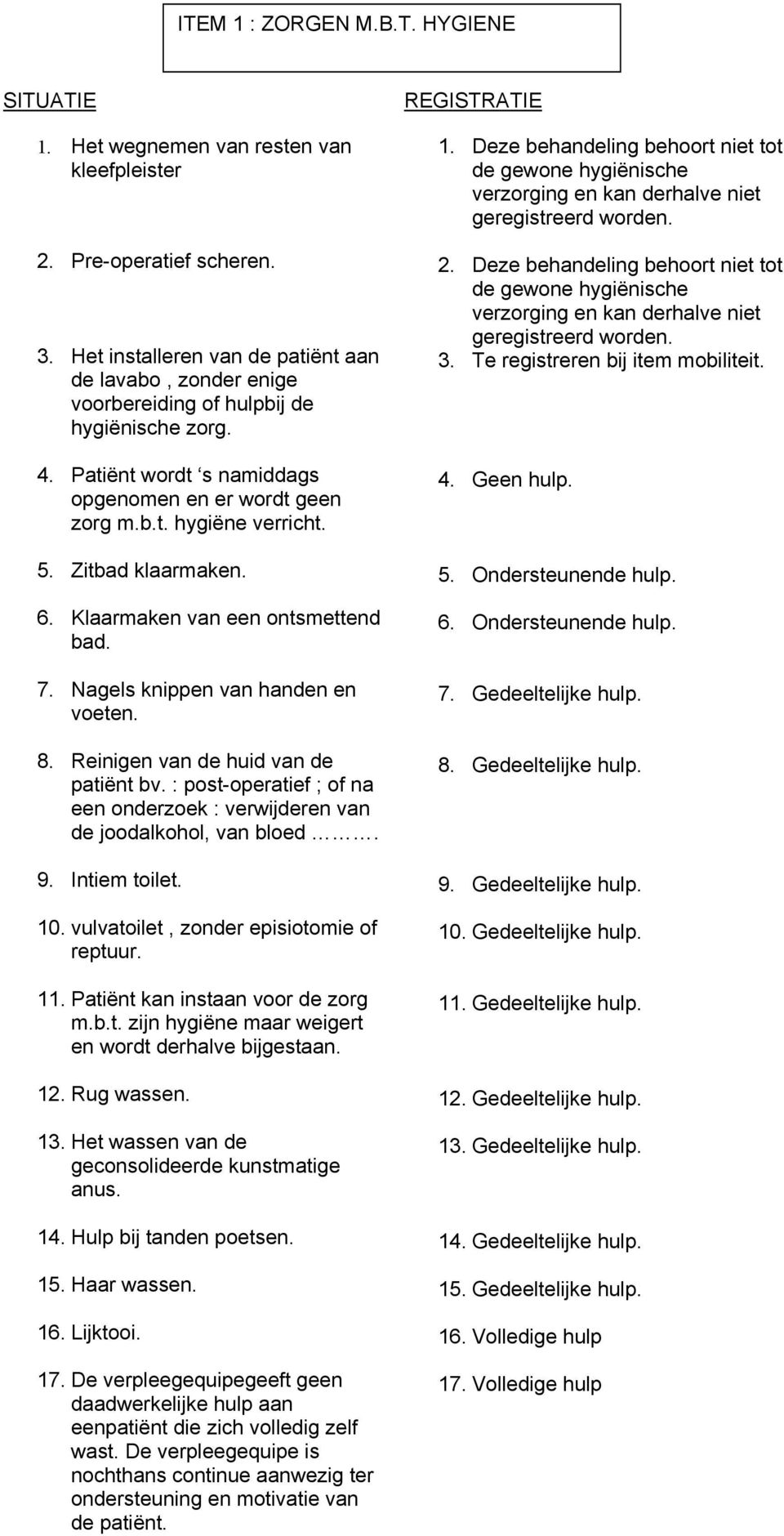 Zitbad klaarmaken. 6. Klaarmaken van een ontsmettend bad. 7. Nagels knippen van handen en voeten. 8. Reinigen van de huid van de patiënt bv.