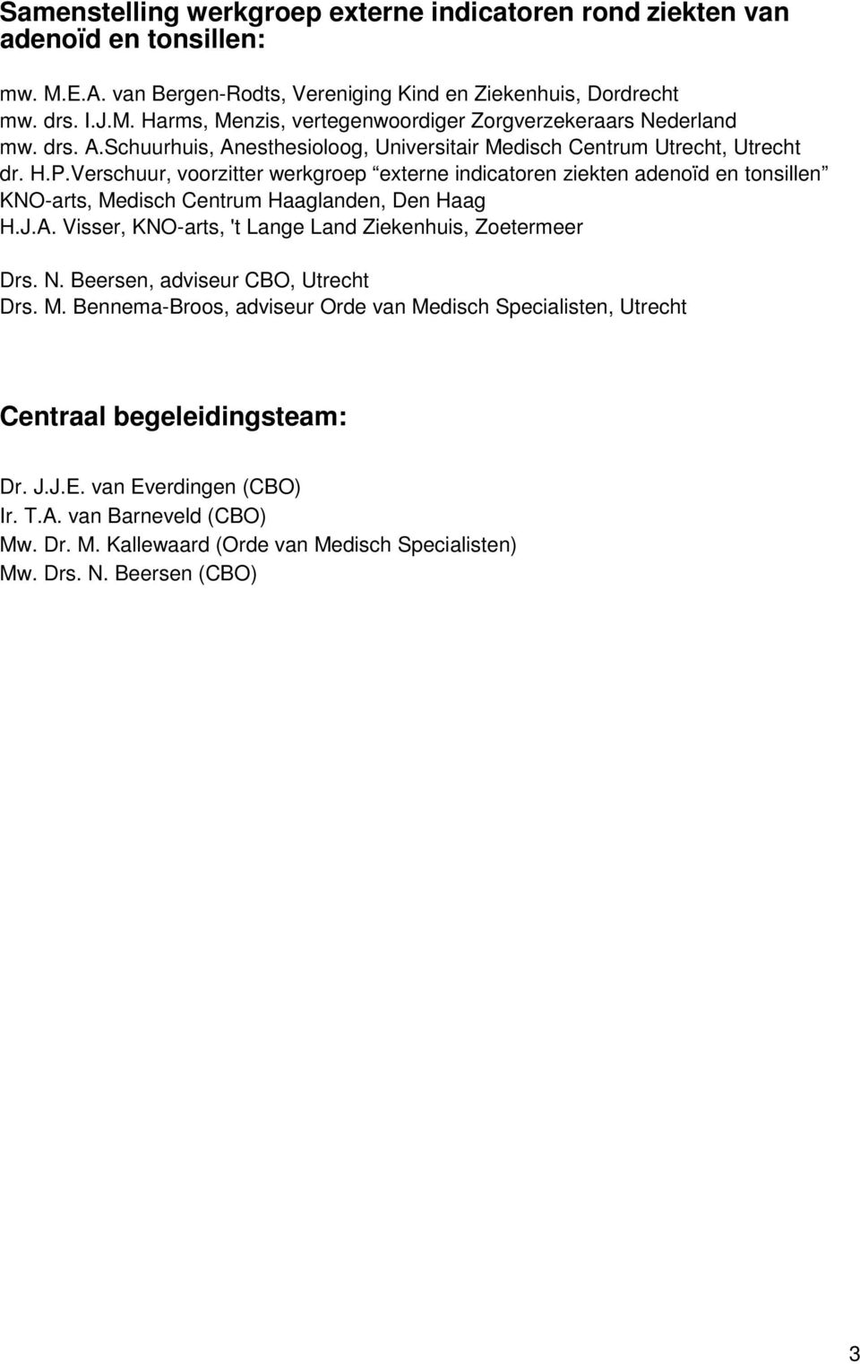 Verschuur, voorzitter werkgroep externe indicatoren ziekten adenoïd en tonsillen KNO-arts, Medisch Centrum Haaglanden, Den Haag H.J.A. Visser, KNO-arts, 't Lange Land Ziekenhuis, Zoetermeer Drs. N.