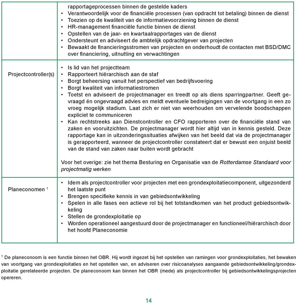 financieringsstromen van projecten en onderhoudt de contacten met BSD/DMC over financiering, uitnutting en verwachtingen Projectcontroller(s) Is lid van het projectteam Rapporteert hiërarchisch aan