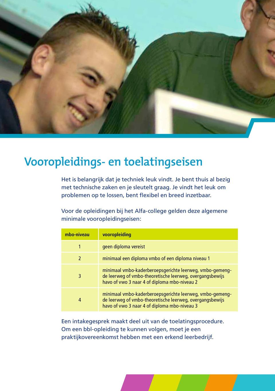 Voor de opleidingen bij het Alfa-college gelden deze algemene minimale vooropleidingseisen: mbo-niveau vooropleiding 1 geen diploma vereist 2 minimaal een diploma vmbo of een diploma niveau 1 3 4