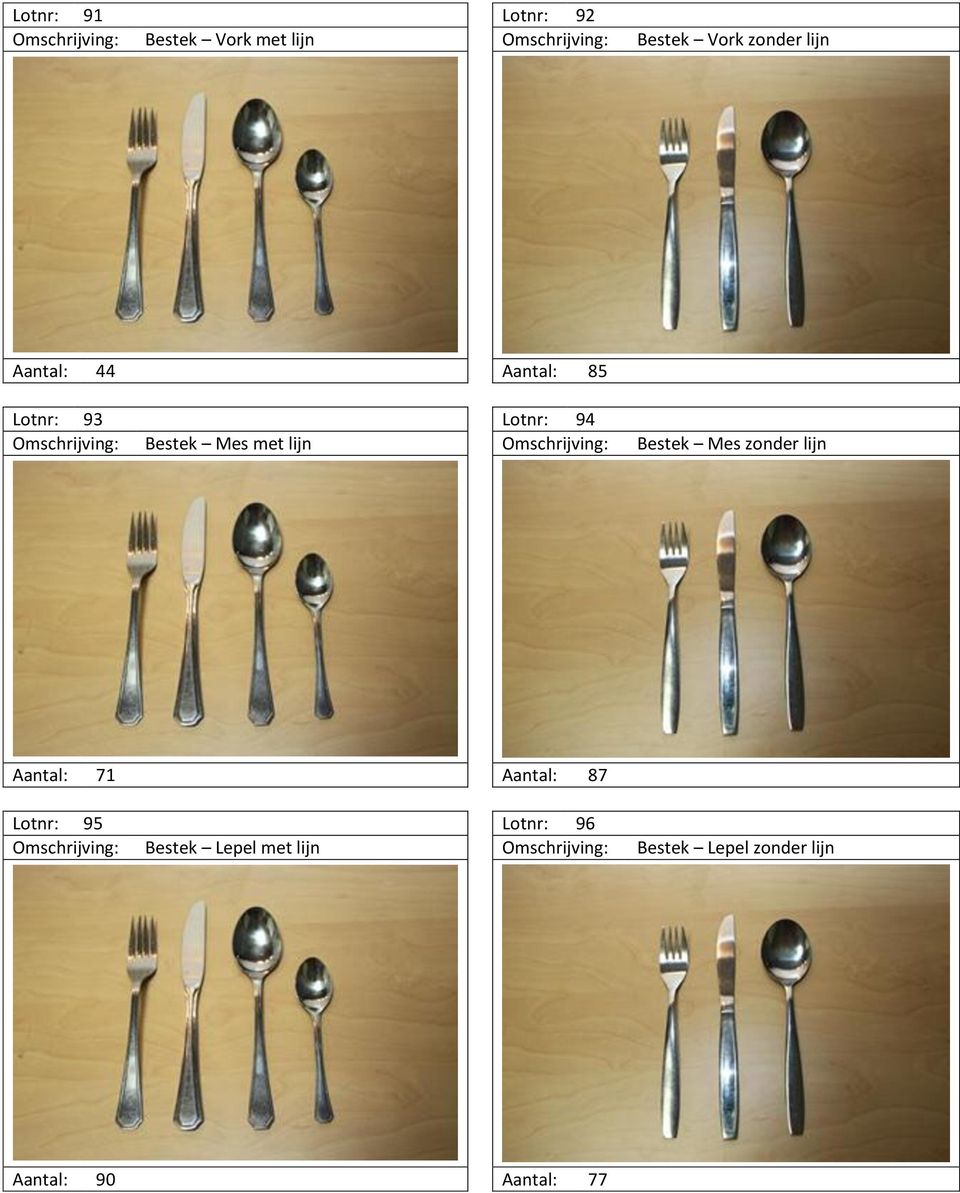 lijn Omschrijving: Bestek Mes zonder lijn Aantal: 71 Aantal: 87 Lotnr: 95 Lotnr: 96