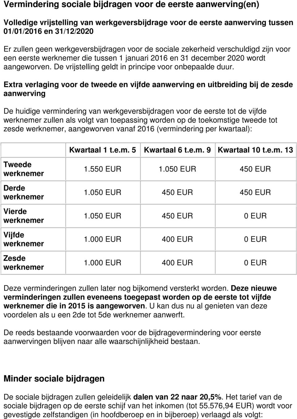 Extra verlaging vr de tweede en vijfde aanwerving en uitbreiding bij de zesde aanwerving De huidige vermindering van werkgeversbijdragen vr de eerste tt de vijfde zullen als vlgt van tepassing wrden