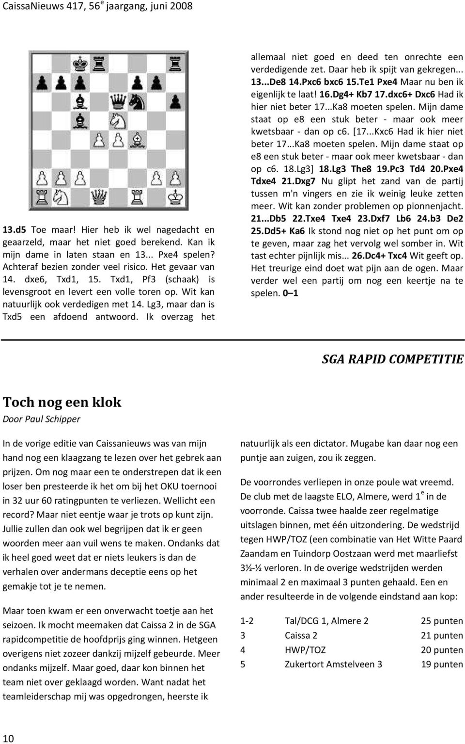 Ik overzag het allemaal niet goed en deed ten onrechte een verdedigende zet. Daar heb ik spijt van gekregen... 13...De8 14.Pxc6 bxc6 15.Te1 Pxe4 Maar nu ben ik eigenlijk te laat! 16.Dg4+ Kb7 17.