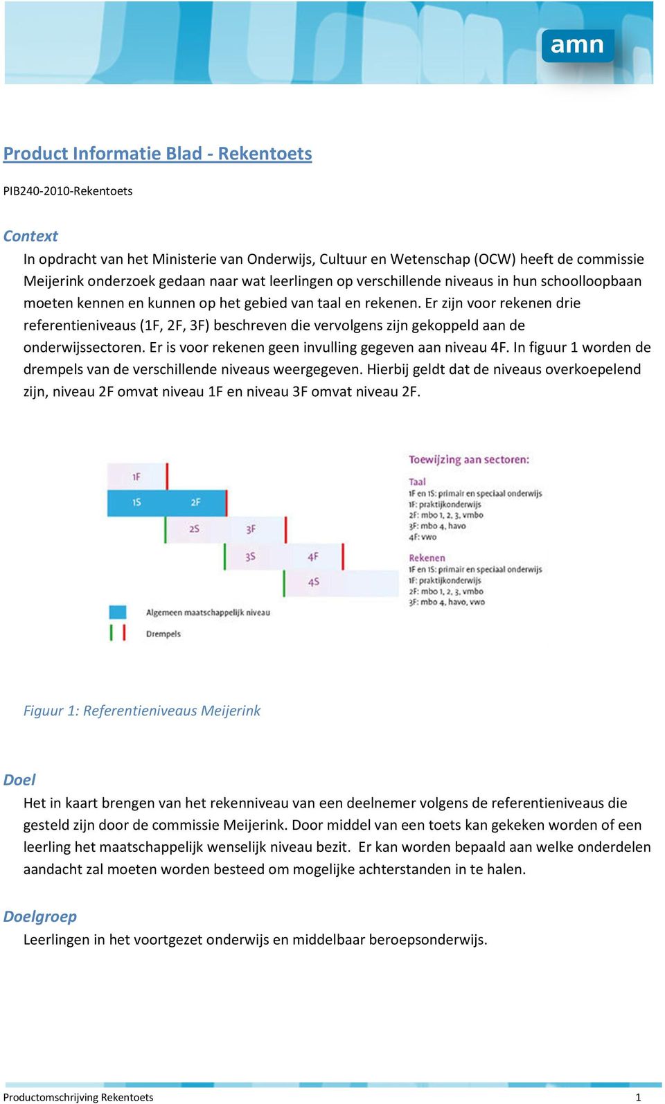 Er zijn voor rekenen drie referentieniveaus (1F, 2F, 3F) beschreven die vervolgens zijn gekoppeld aan de onderwijssectoren. Er is voor rekenen geen invulling gegeven aan niveau 4F.