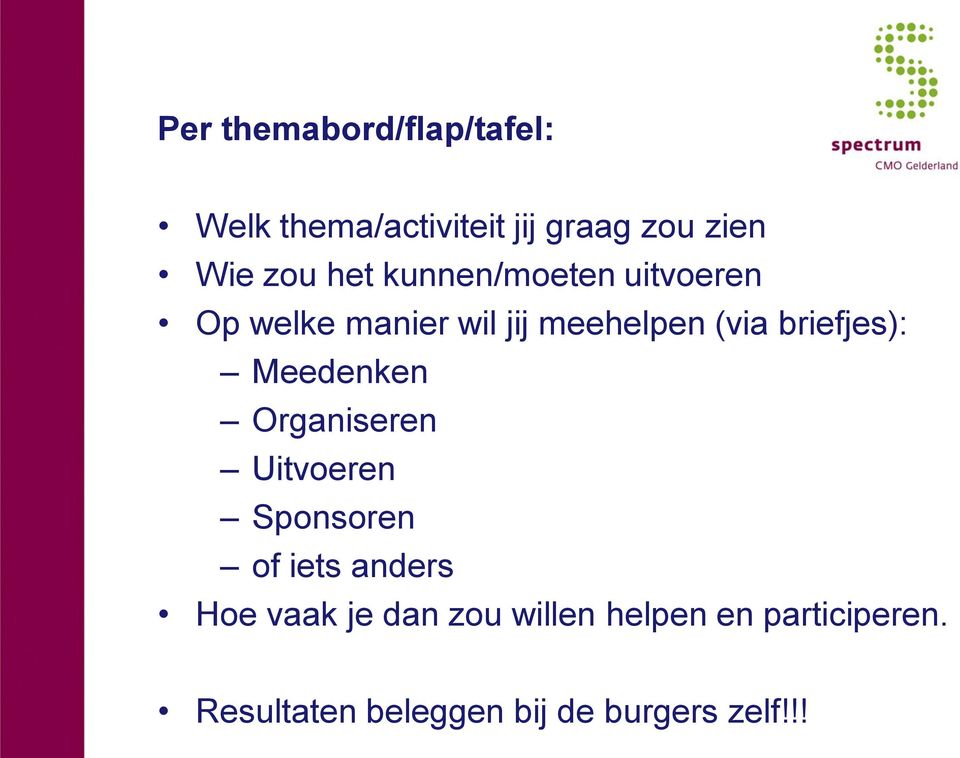 briefjes): Meedenken Organiseren Uitvoeren Sponsoren of iets anders Hoe