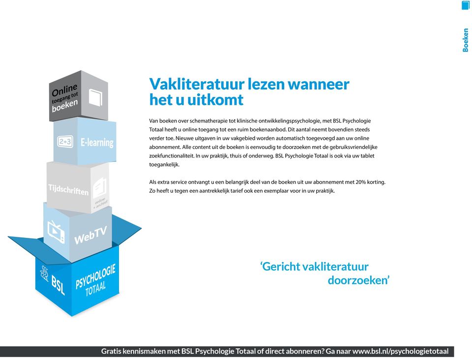 Alle content uit de boeken is eenvoudig te doorzoeken met de gebruiksvriendelijke zoekfunctionaliteit. In uw praktijk, thuis of onderweg. BSL Psychologie Totaal is ook via uw tablet toegankelijk.