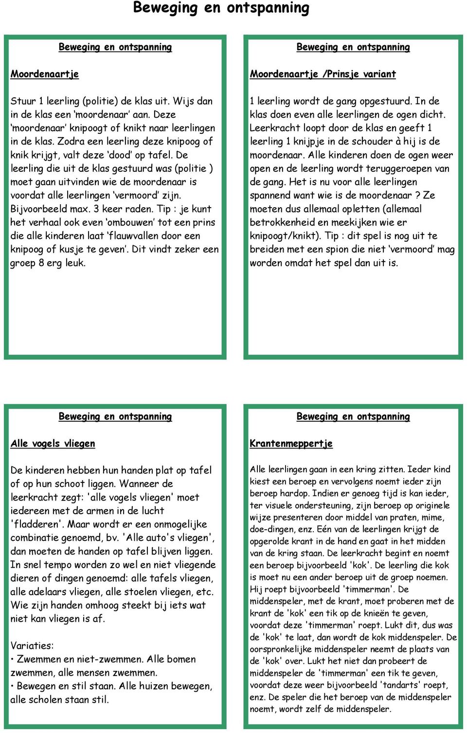 De leerling die uit de klas gestuurd was (politie ) moet gaan uitvinden wie de moordenaar is voordat alle leerlingen vermoord zijn. Bijvoorbeeld max. 3 keer raden.