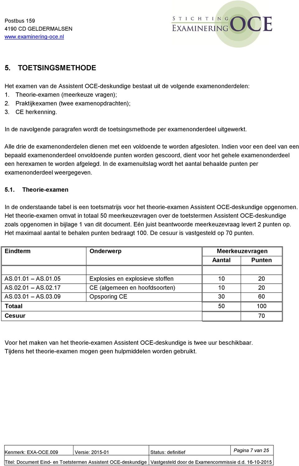 Indien voor een deel van een bepaald examenonderdeel onvoldoende punten worden gescoord, dient voor het gehele examenonderdeel een herexamen te worden afgelegd.