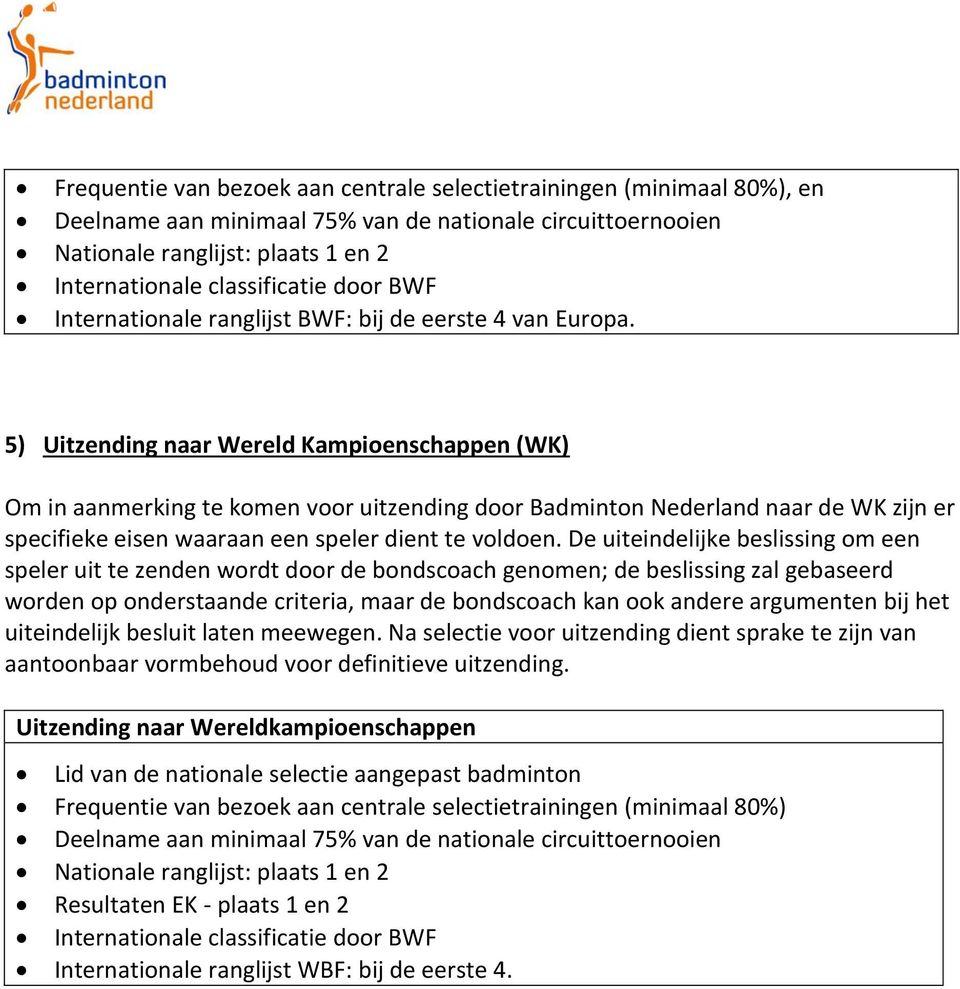 5) Uitzending naar Wereld Kampioenschappen (WK) Om in aanmerking te komen voor uitzending door Badminton Nederland naar de WK zijn er specifieke eisen waaraan een speler dient te voldoen.