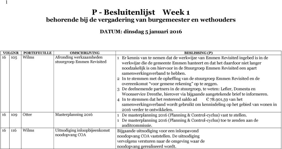 noodzakelijk is om hiervoor in de Stuurgroep Emmen Revisited een apart samenwerkingsverband te hebben.