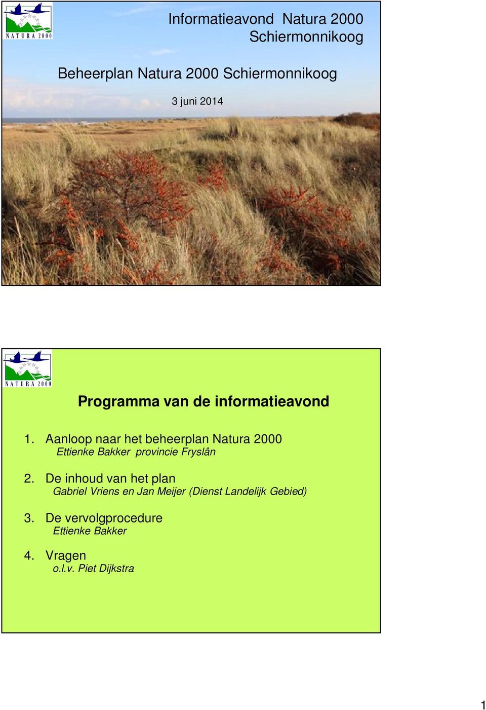 Aanloop naar het beheerplan Natura 2000 Ettienke Bakker provincie Fryslân 2.