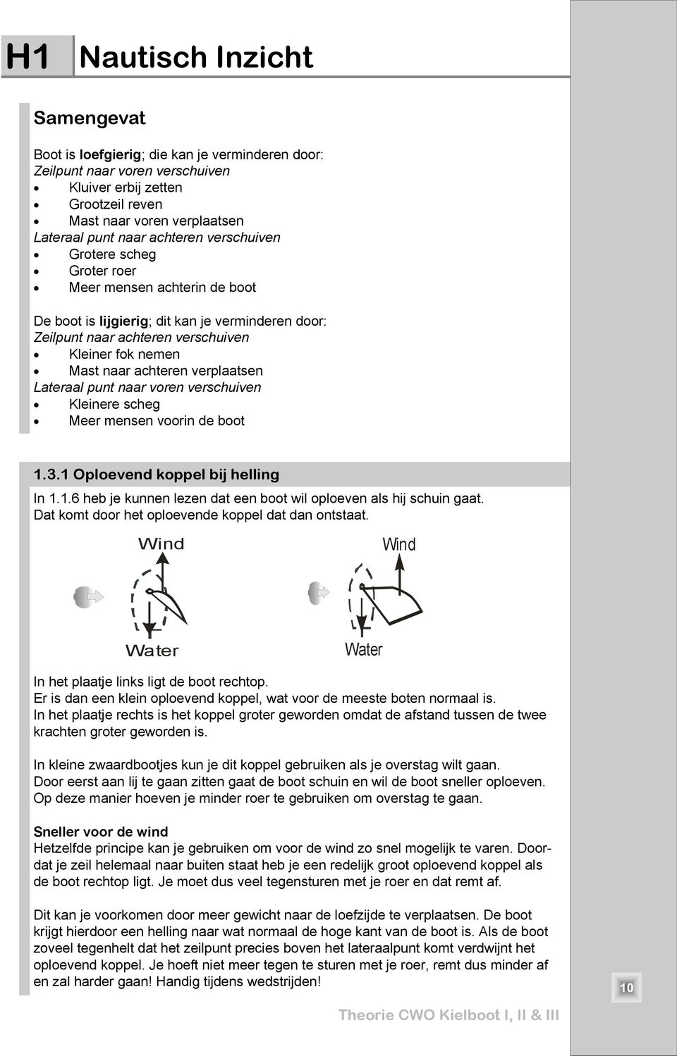 verplaatsen Lateraal punt naar voren verschuiven Kleinere scheg Meer mensen voorin de boot 1.3.1 Oploevend koppel bij helling In 1.1.6 heb je kunnen lezen dat een boot wil oploeven als hij schuin gaat.