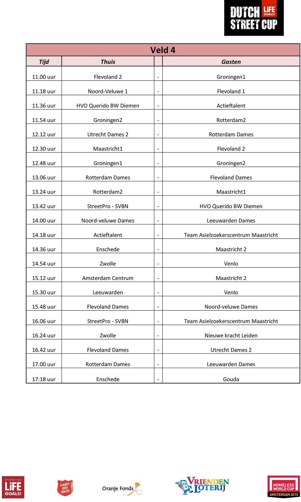 42 uur StreetPro - SVBN - HVO Querido BW Diemen 14.00 uur Noord-veluwe Dames - Leeuwarden Dames 14.18 uur Actieftalent - Team Asielzoekerscentrum Maastricht 14.36 uur Enschede - Maastricht 2 14.