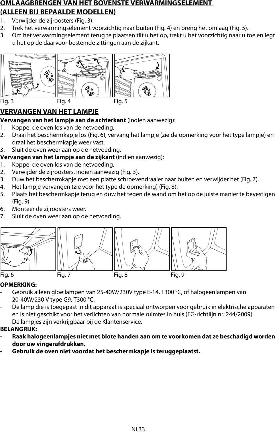 3 Fig. 4 Fig. 5 VERVANGEN VAN HET LAMPJE Vervangen van het lampje aan de achterkant (indien aanwezig): 1. Koppel de oven los van de netvoeding. 2. Draai het beschermkapje los (Fig.