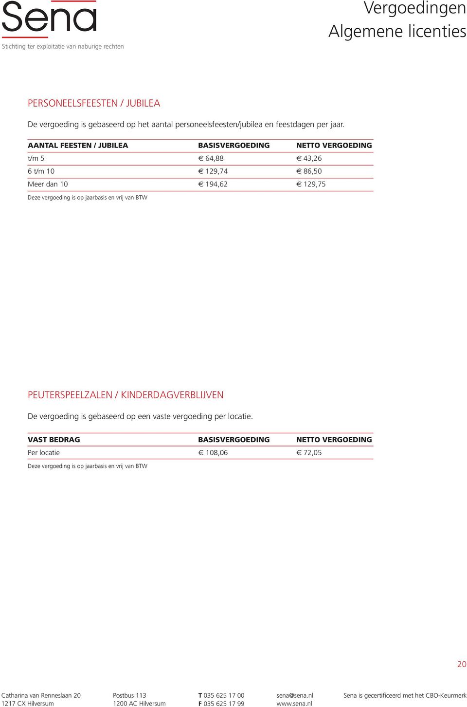 AANTAL FEESTEN / JUBILEA BASISVERGOEDING NETTO VERGOEDING t/m 5 64,88 43,26 6 t/m 10 129,74 86,50 Meer