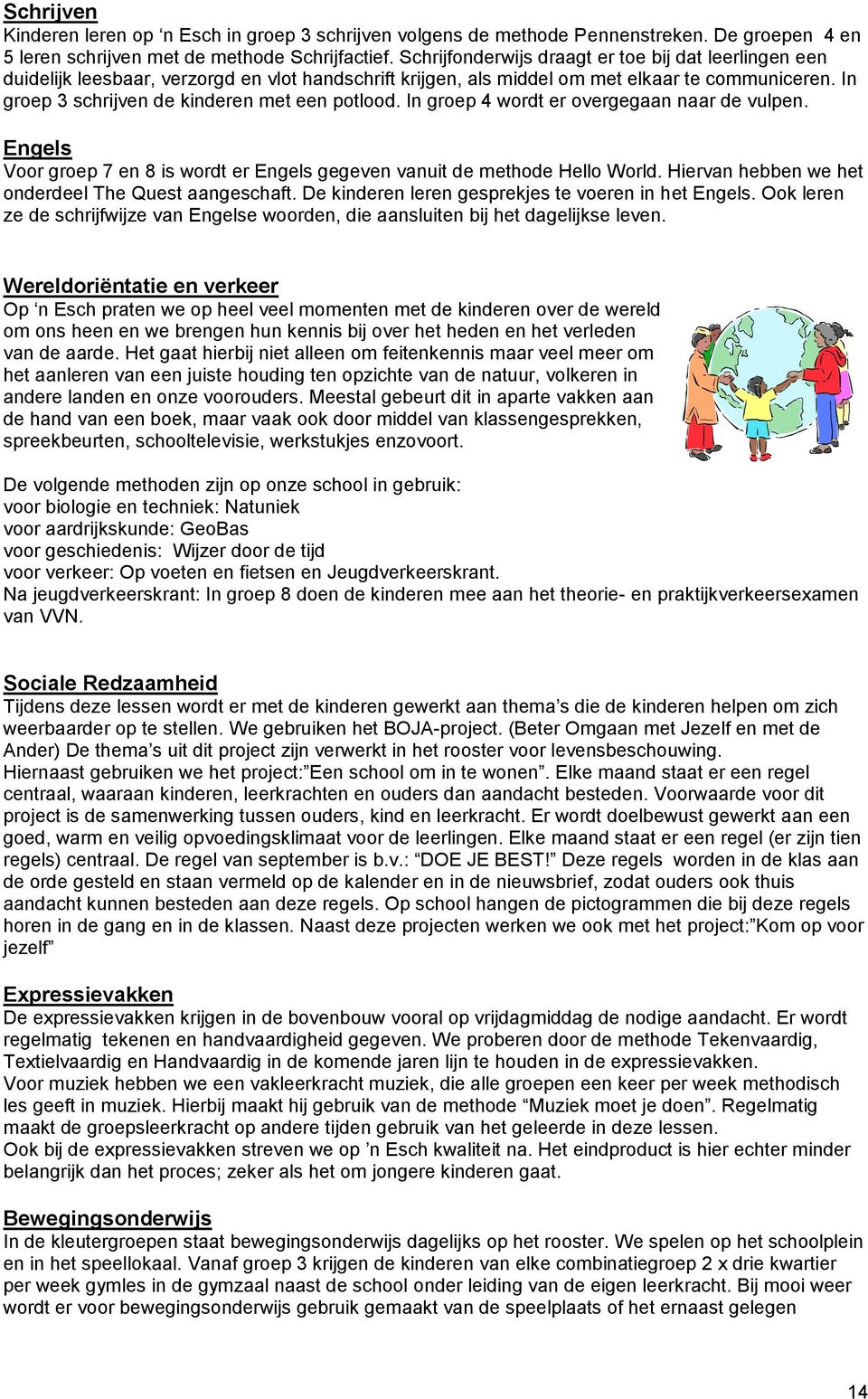 In groep 3 schrijven de kinderen met een potlood. In groep 4 wordt er overgegaan naar de vulpen. Engels Voor groep 7 en 8 is wordt er Engels gegeven vanuit de methode Hello World.